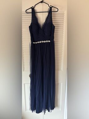 Navy Lace-Trim V-Neck Evening Dress with Rhinestone Waist